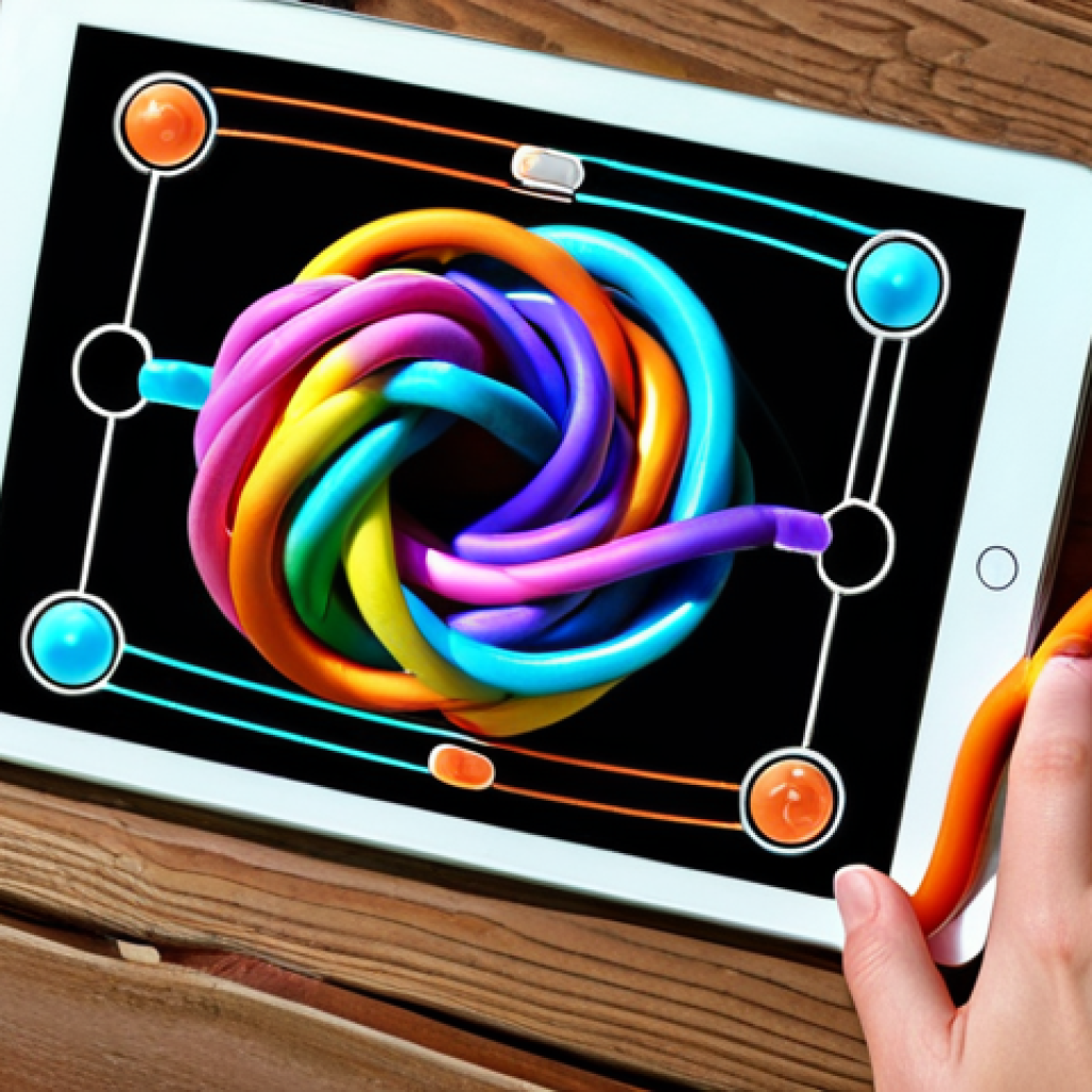 **

A close-up, overhead shot of a Tangle Master 3D game level on a tablet. The level shows brightly colored ropes tangled together. Focus on the complexity of the knot and the visual challenge of untangling it. Fingers are shown lightly touching the screen, as if about to start solving the puzzle. Add a sense of depth with soft lighting.

**