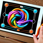 **

A close-up, overhead shot of a Tangle Master 3D game level on a tablet. The level shows brightly colored ropes tangled together. Focus on the complexity of the knot and the visual challenge of untangling it. Fingers are shown lightly touching the screen, as if about to start solving the puzzle. Add a sense of depth with soft lighting.

**