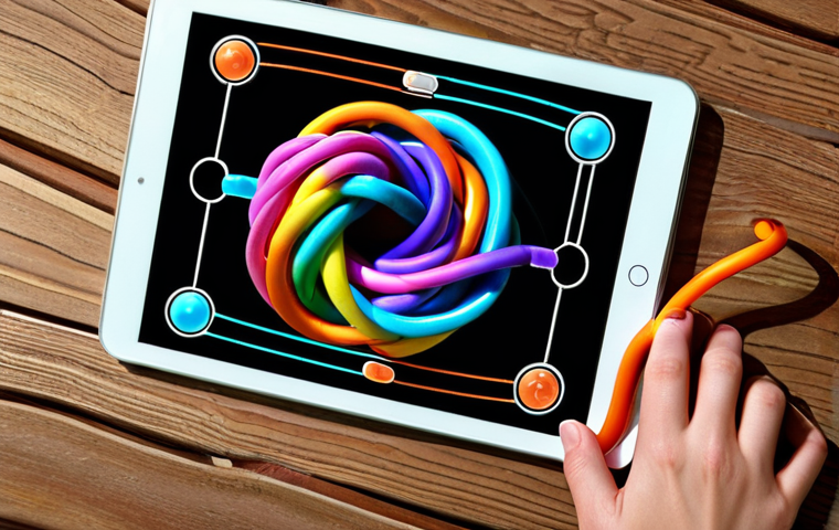 **
A close-up, overhead shot of a Tangle Master 3D game level on a tablet. The level shows brightly colored ropes tangled together. Focus on the complexity of the knot and the visual challenge of untangling it. Fingers are shown lightly touching the screen, as if about to start solving the puzzle. Add a sense of depth with soft lighting.
**